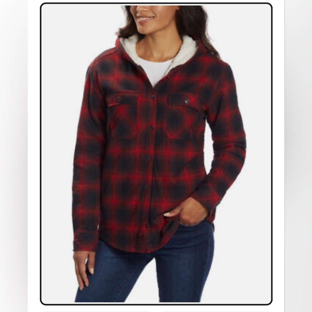 Boston Traders Women’s Sherpa Lined Hooded Plaid Jacket in Red/Black